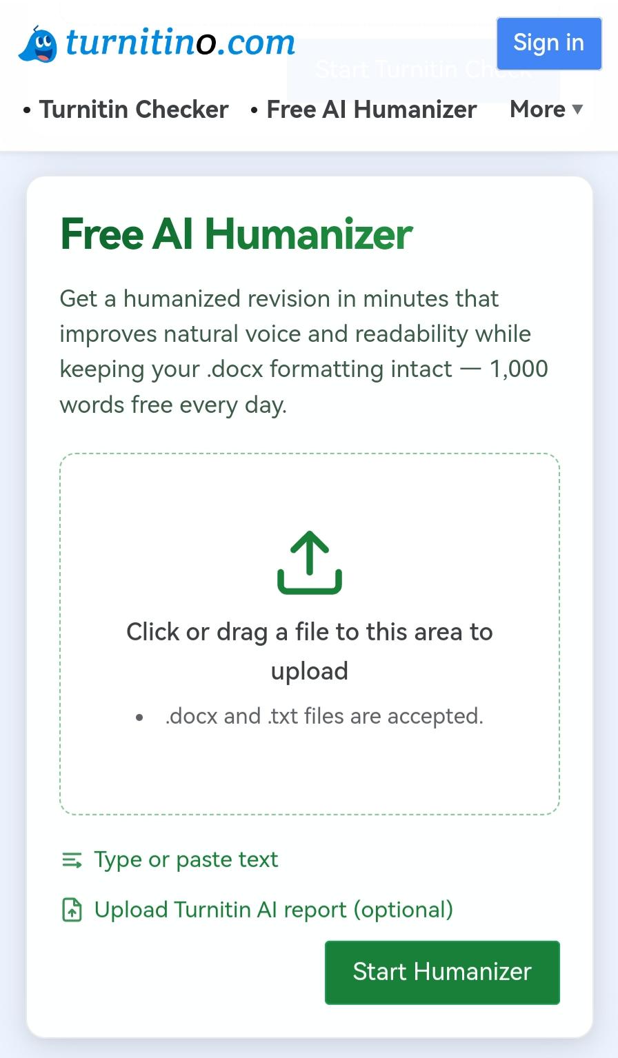 Free AI humanizer on turnitin0.com